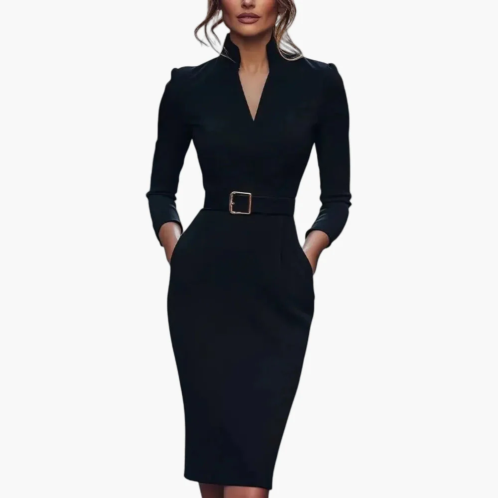 Damen Etuikleid Elegant Business Freizeit mit Gürtel und Stehkragen – Knielang, Figurbetont, Ideal für Büro & Abend