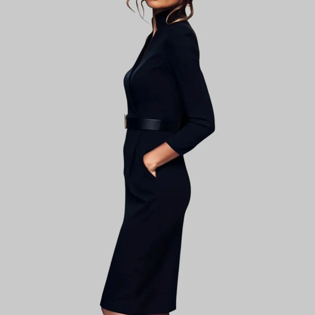 Damen Etuikleid Elegant Business Freizeit mit Gürtel und Stehkragen – Knielang, Figurbetont, Ideal für Büro & Abend - Image 2