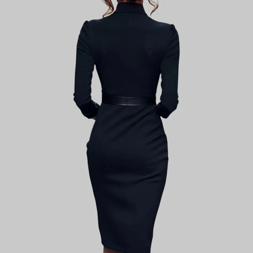 Damen Etuikleid Elegant Business Freizeit mit Gürtel und Stehkragen – Knielang, Figurbetont, Ideal für Büro & Abend - Image 3