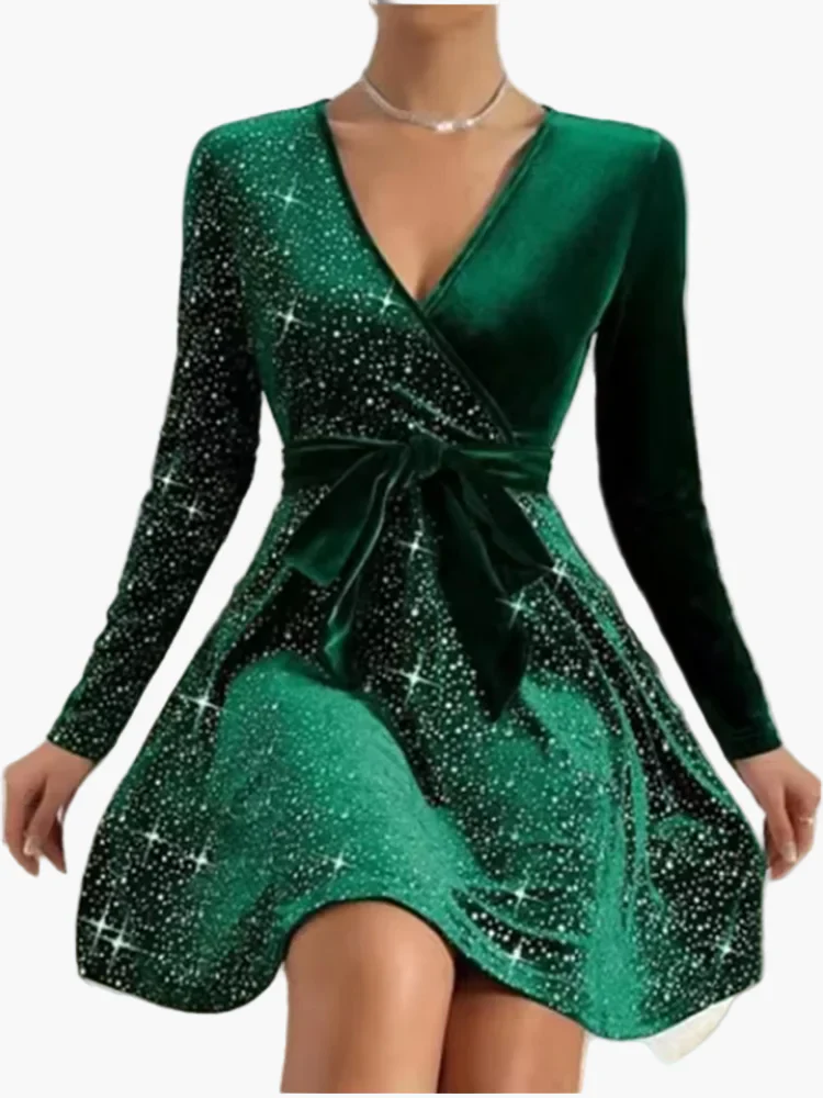 Damen Festliches Partykleid mit Glitzer und Schleife – Eleganter Look für besondere Anlässe