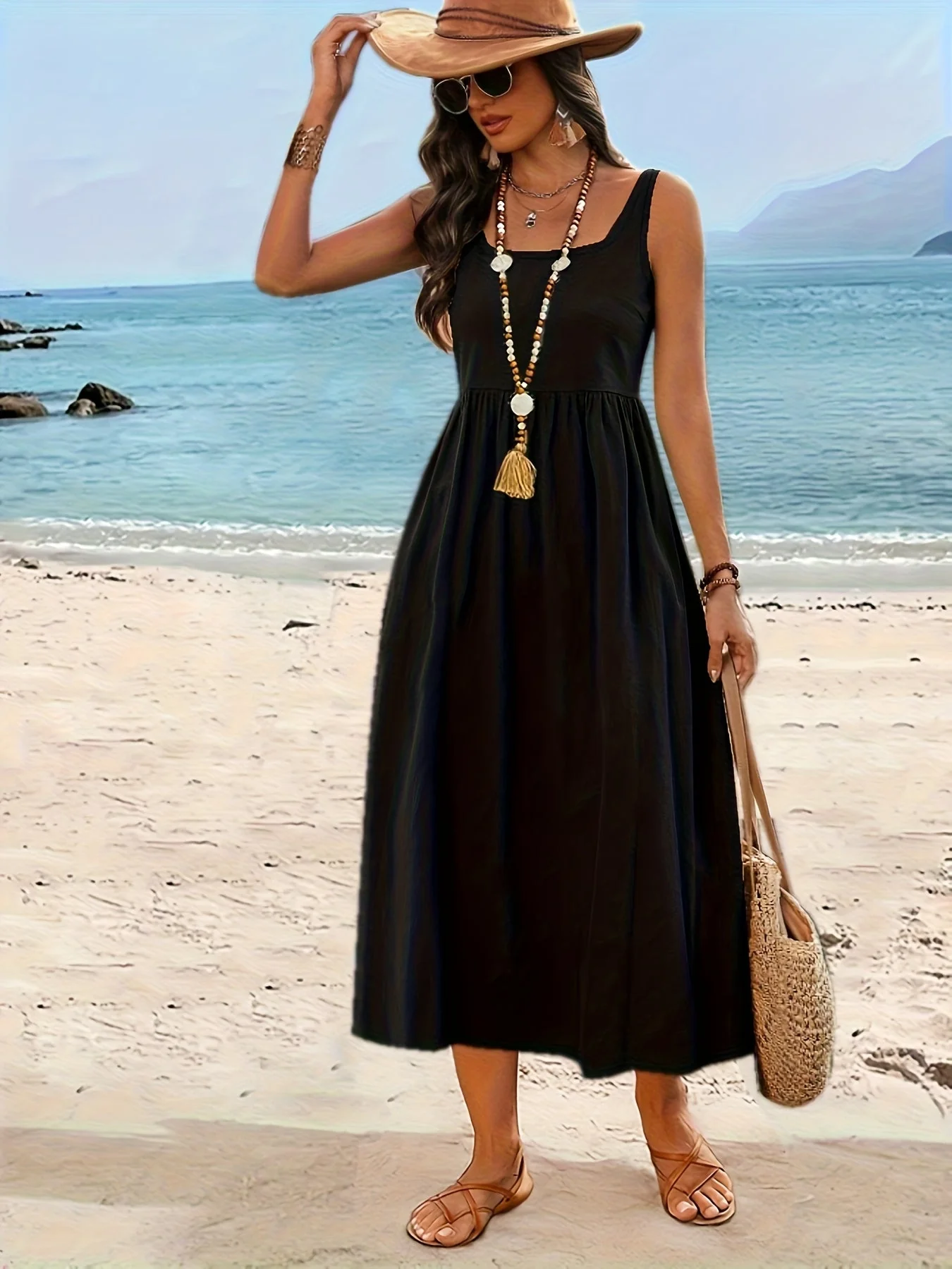 Damen Fit & Flare Midikleid mit weitem Rock und Square Neck – Perfekt für Urlaub und Alltag - Image 3