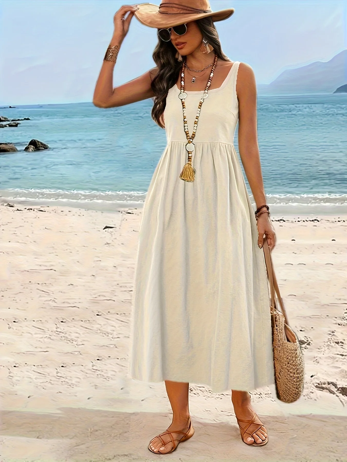 Damen Fit & Flare Midikleid mit weitem Rock und Square Neck – Perfekt für Urlaub und Alltag - Image 4