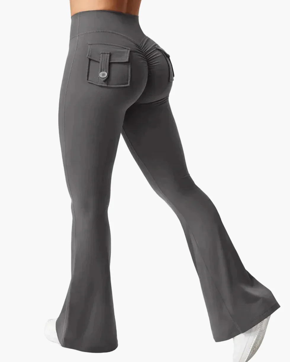 Damen Fitness Cargo Bootcut Leggings mit Taschen und Po-Lift – Figurformende Sporthose für Training & Alltag