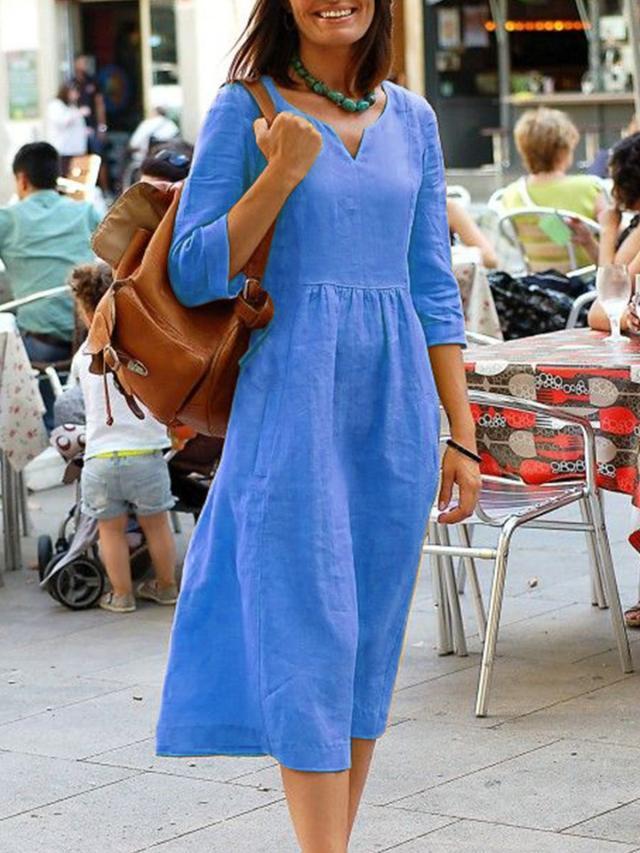 Damen Freizeit Midikleid mit V-Ausschnitt und 3/4-Ärmeln – Lockerer, eleganter Alltagslook - Image 3