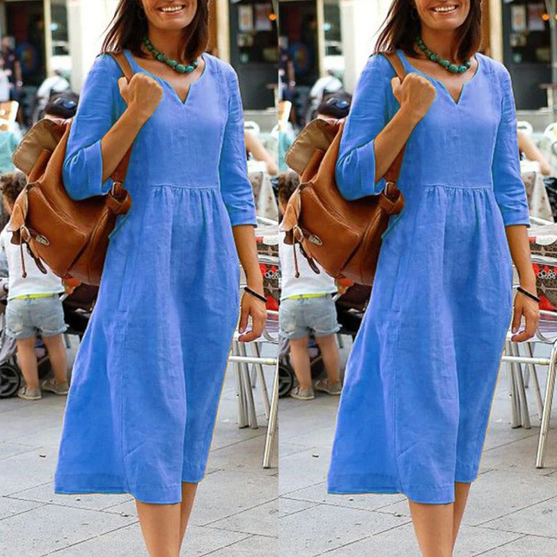 Damen Freizeit Midikleid mit V-Ausschnitt und 3/4-Ärmeln – Lockerer, eleganter Alltagslook - Image 4