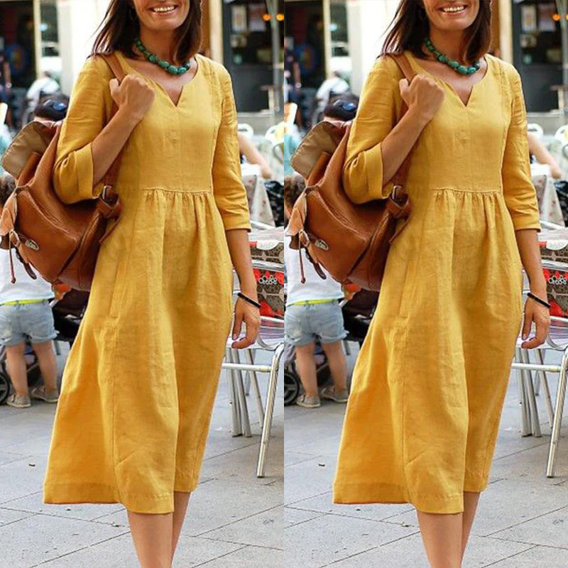 Damen Freizeit Midikleid mit V-Ausschnitt und 3/4-Ärmeln – Lockerer, eleganter Alltagslook - Image 5