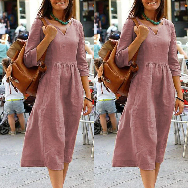 Damen Freizeit Midikleid mit V-Ausschnitt und 3/4-Ärmeln – Lockerer, eleganter Alltagslook - Image 7
