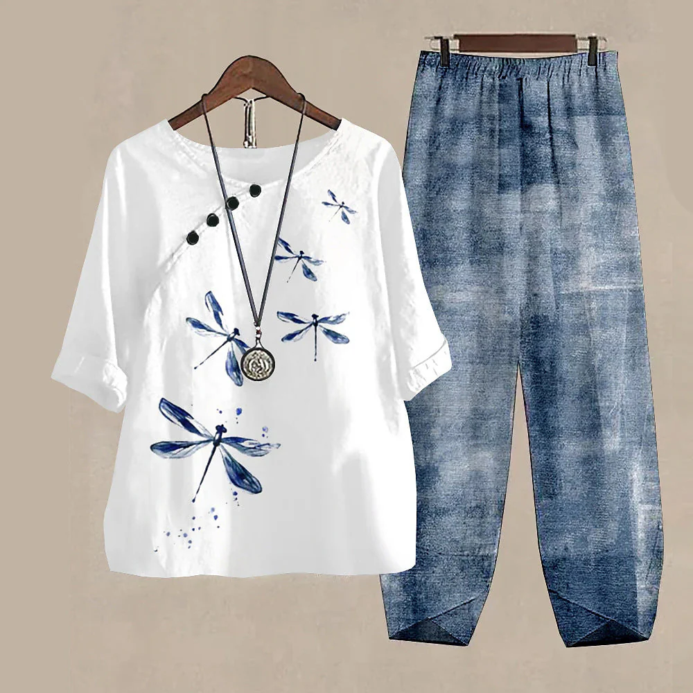 Damen Freizeit Set im Japanischen Stil mit Libellen-Print – Zweiteiler, Bequem für Alltag & Reisen - Image 12