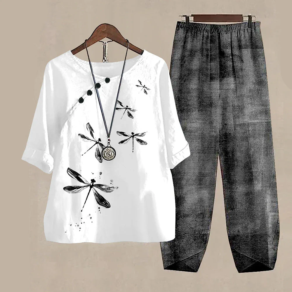 Damen Freizeit Set im Japanischen Stil mit Libellen-Print – Zweiteiler, Bequem für Alltag & Reisen - Image 3