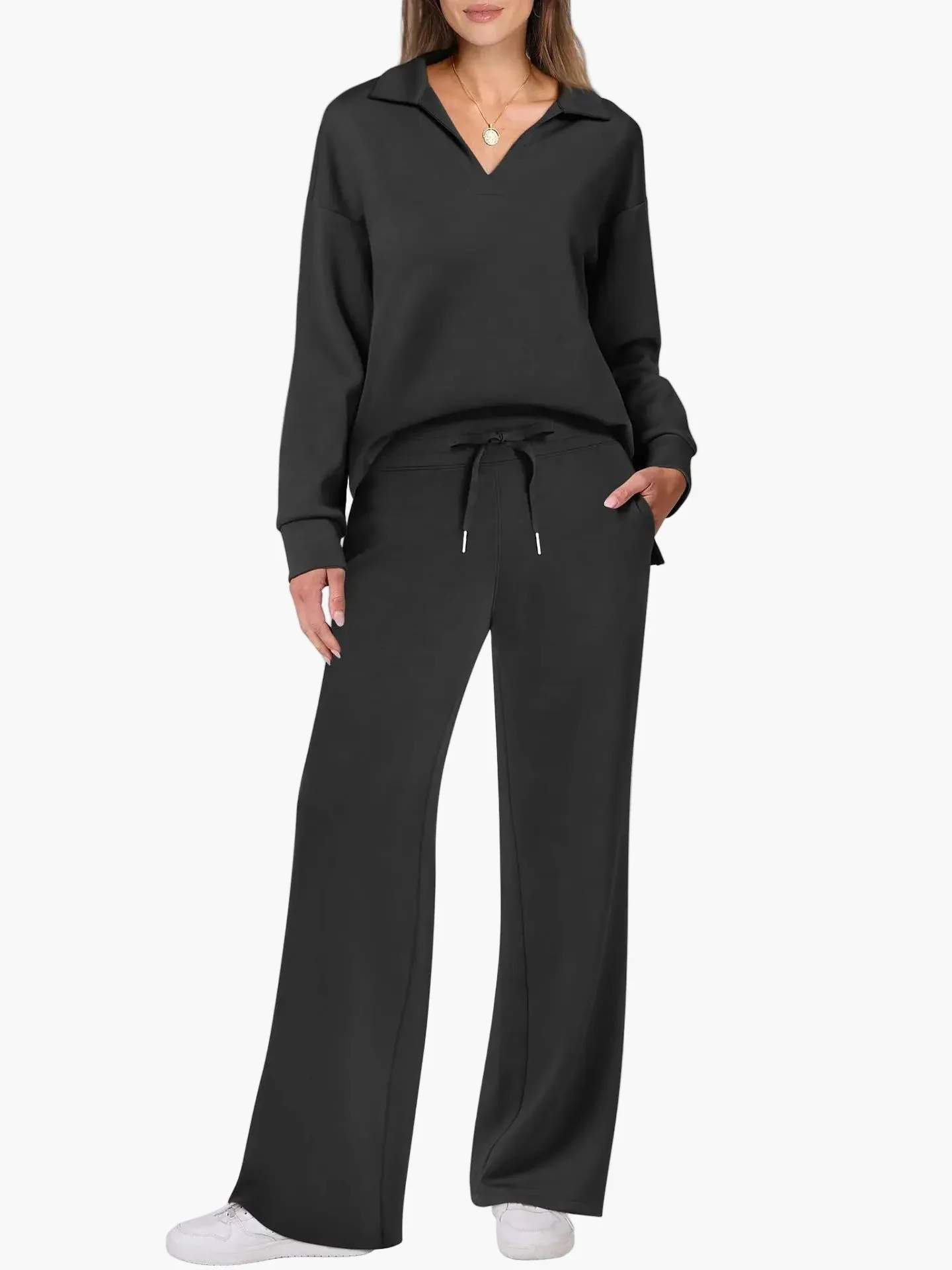 Damen Freizeit-Set mit weitem Bein und V-Ausschnitt – Bequemes Loungewear-Outfit für Alltag & Reisen - Image 11
