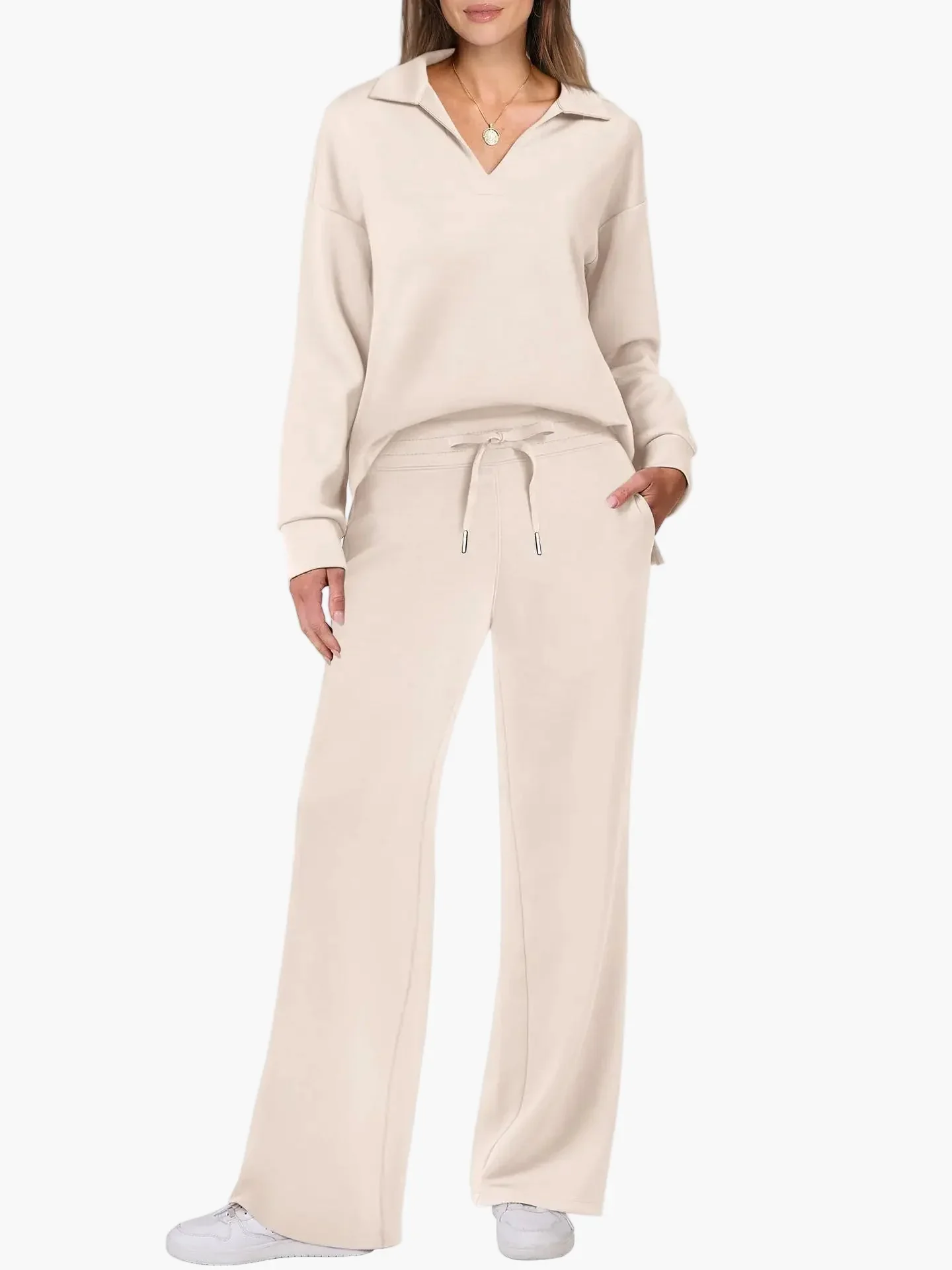 Damen Freizeit-Set mit weitem Bein und V-Ausschnitt – Bequemes Loungewear-Outfit für Alltag & Reisen - Image 12