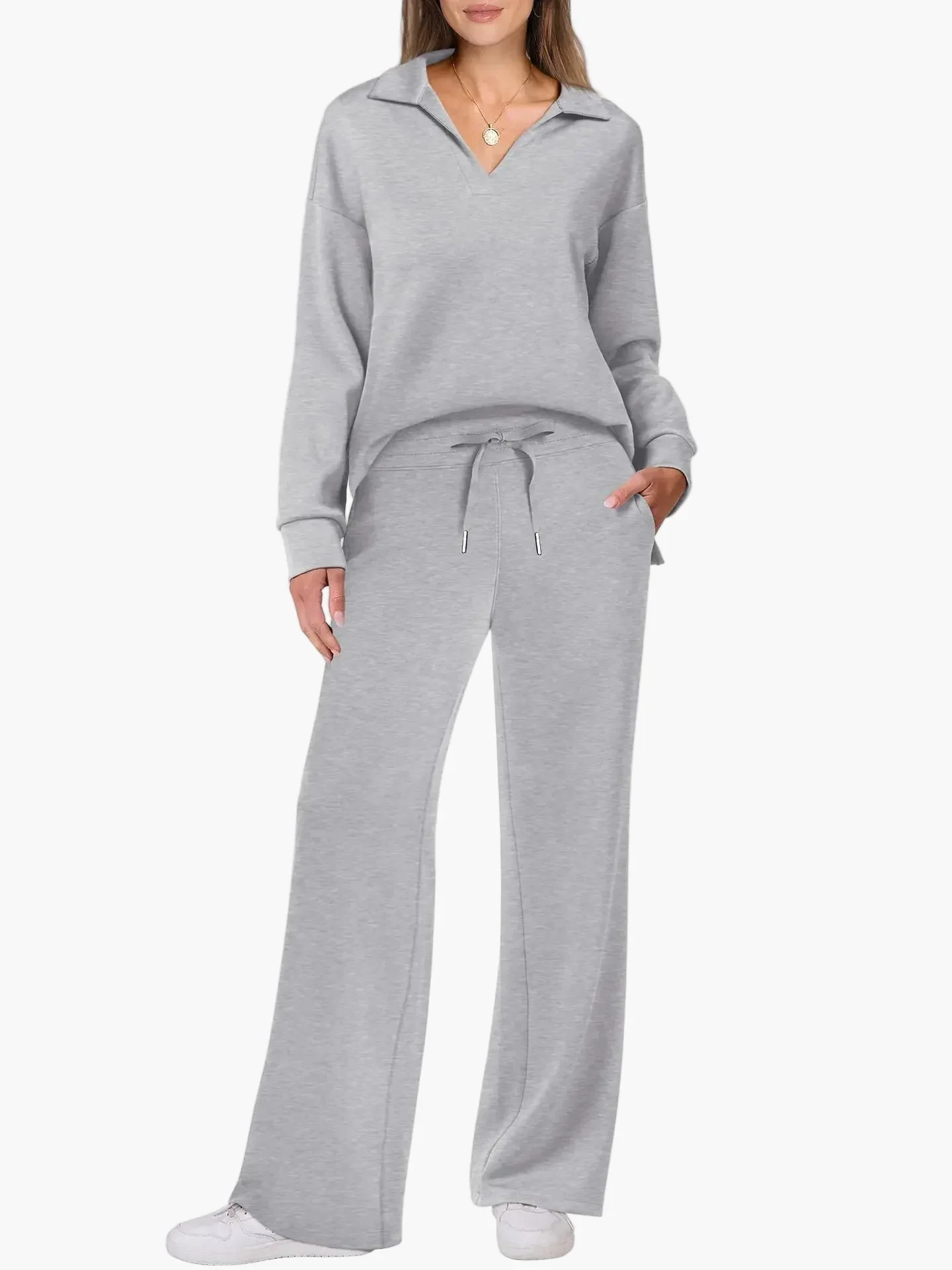 Damen Freizeit-Set mit weitem Bein und V-Ausschnitt – Bequemes Loungewear-Outfit für Alltag & Reisen - Image 3