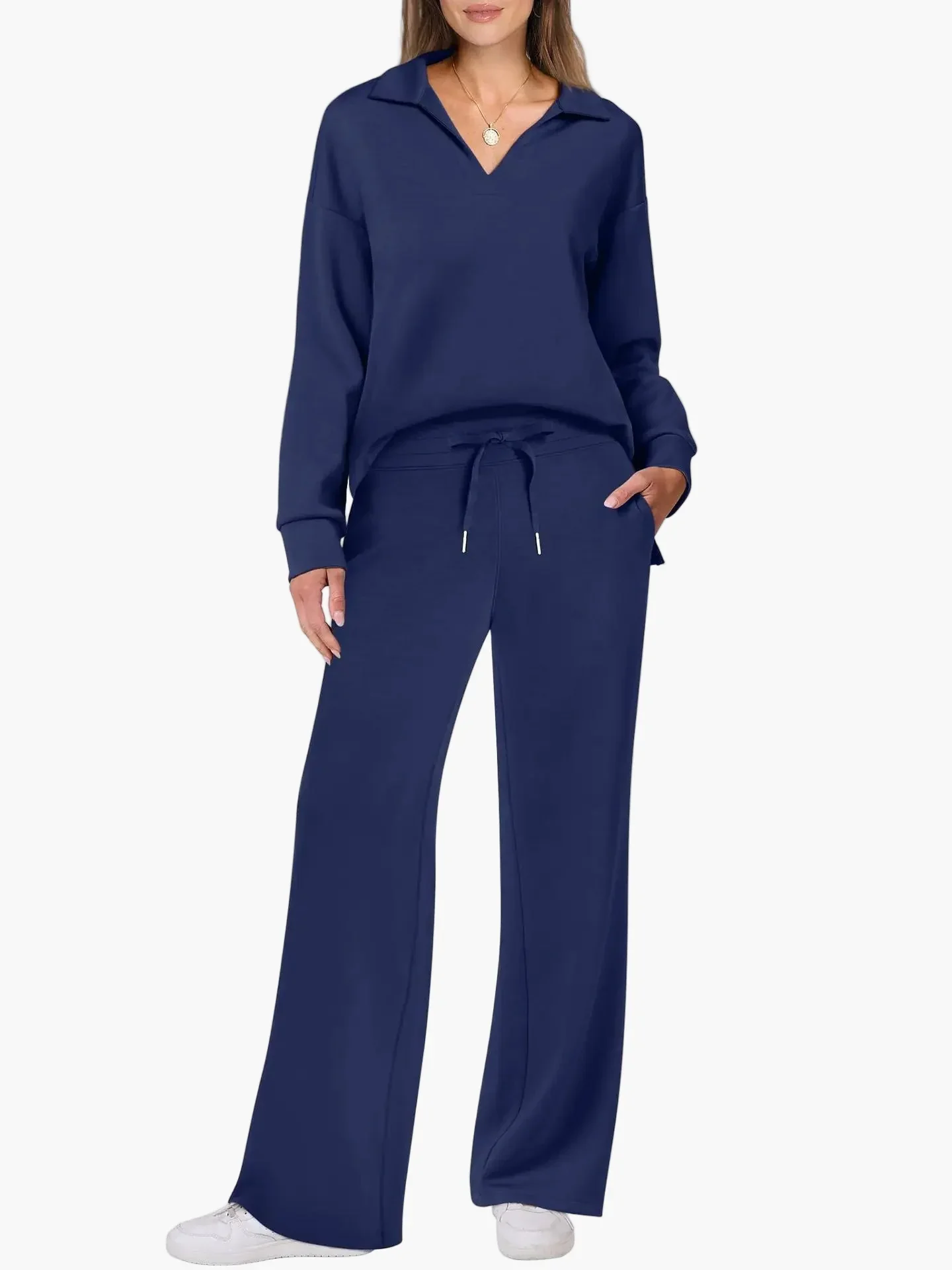 Damen Freizeit-Set mit weitem Bein und V-Ausschnitt – Bequemes Loungewear-Outfit für Alltag & Reisen - Image 4
