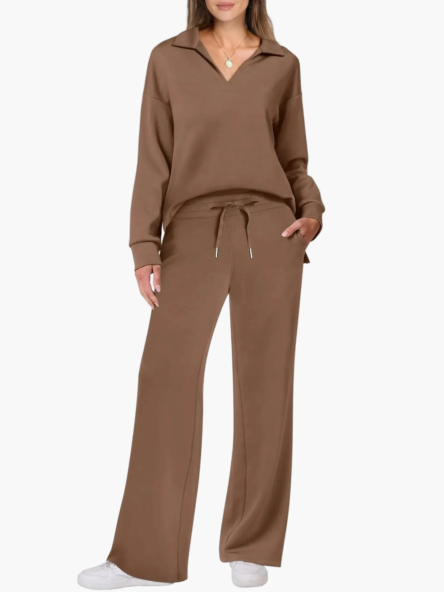 Damen Freizeit-Set mit weitem Bein und V-Ausschnitt – Bequemes Loungewear-Outfit für Alltag & Reisen - Image 5