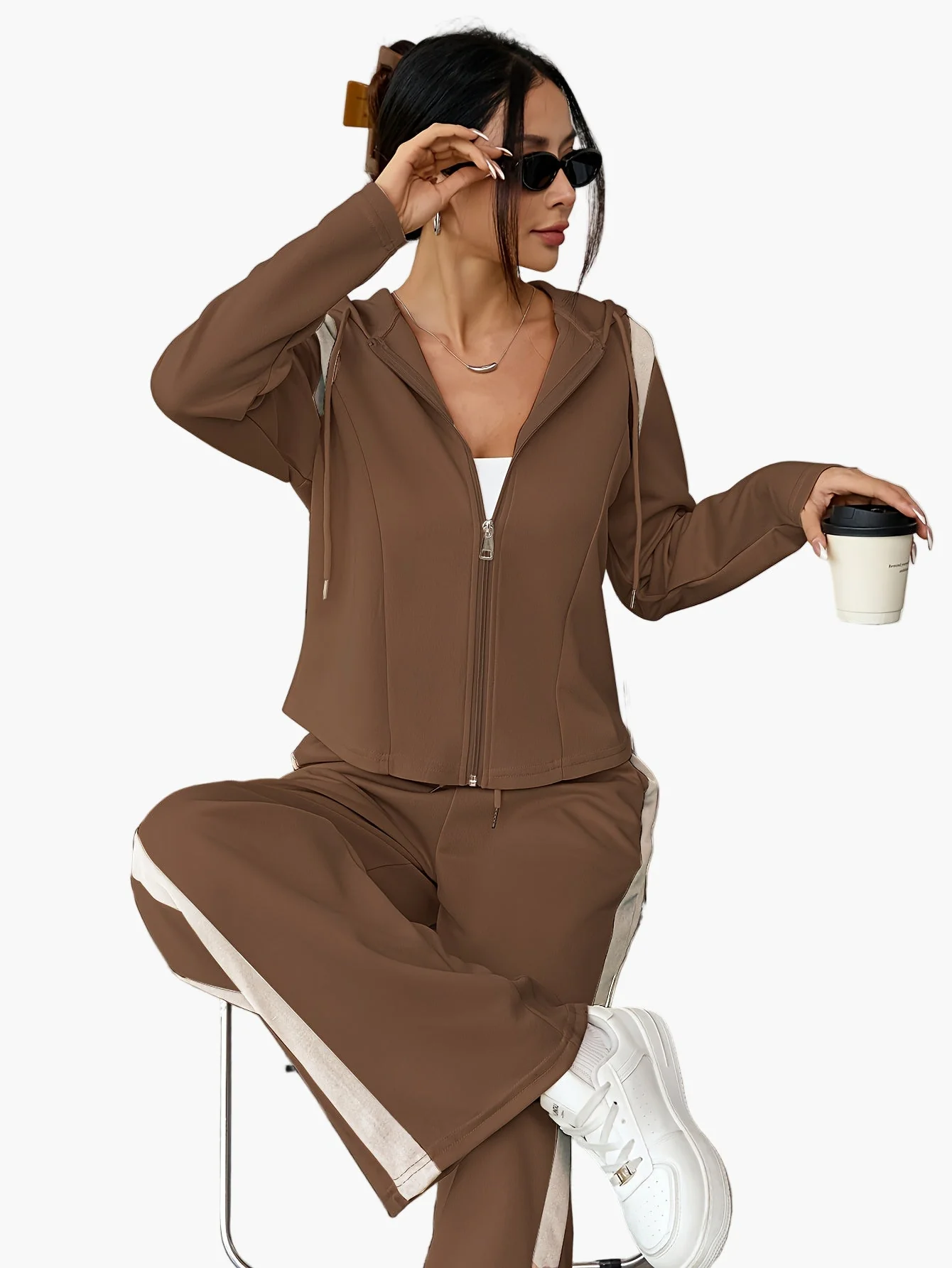 Damen Freizeit Trainingsanzug Set mit Kapuze – Zweiteilig, Lässig, Ideal für Alltag und Sport - Image 6