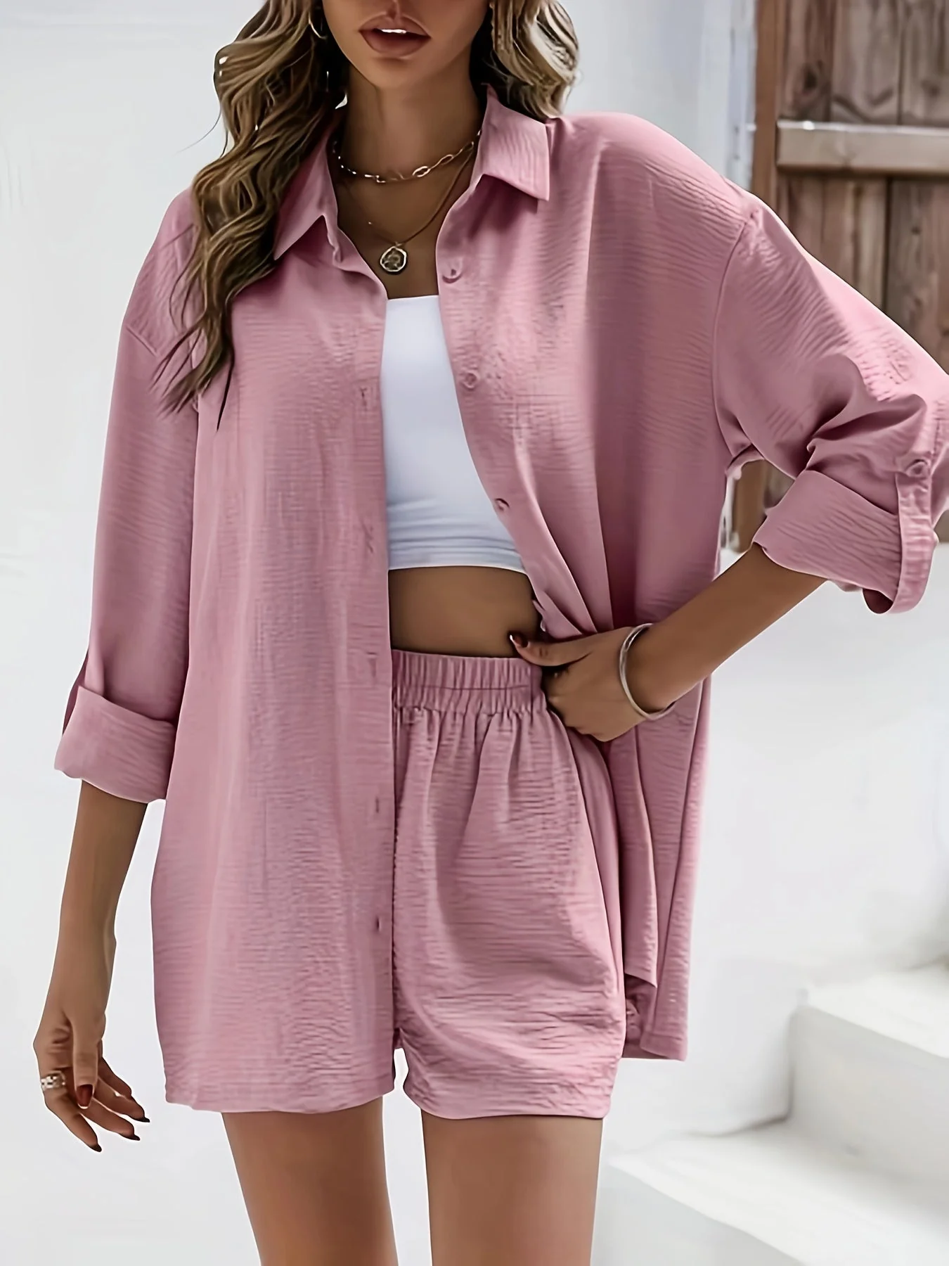 Damen Freizeit Zweiteiler Set mit Hemd und Shorts – Lässige Streetwear für Alltag und Urlaub - Image 3
