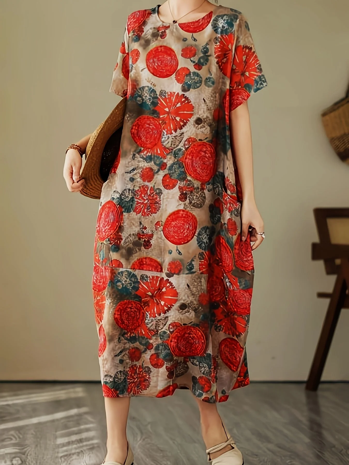 Damen Freizeitkleid mit geometrischem Print und lockerer Passform – Kurzarm, lässig, ideal für Alltag und Büro - Image 2