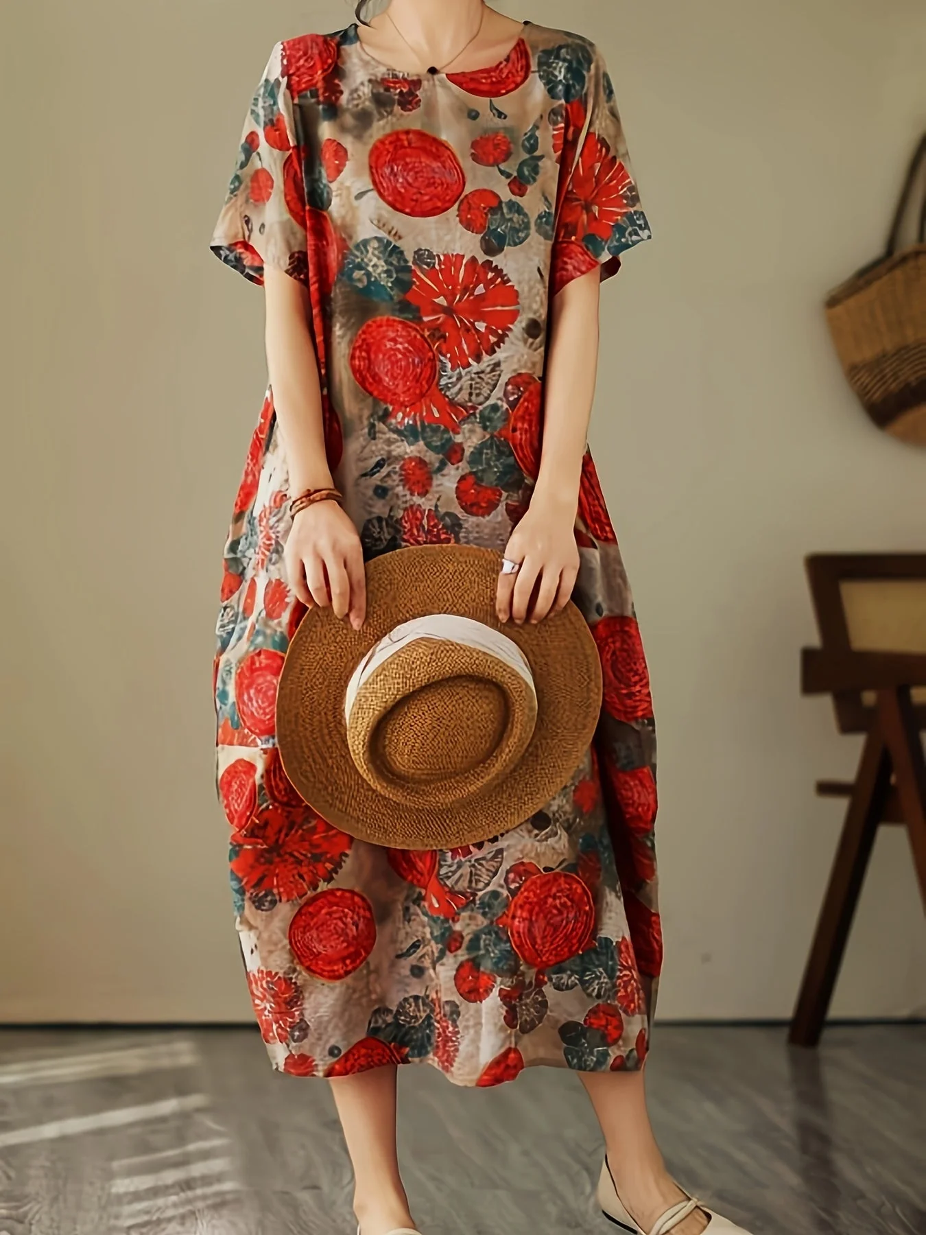Damen Freizeitkleid mit geometrischem Print und lockerer Passform – Kurzarm, lässig, ideal für Alltag und Büro - Image 5