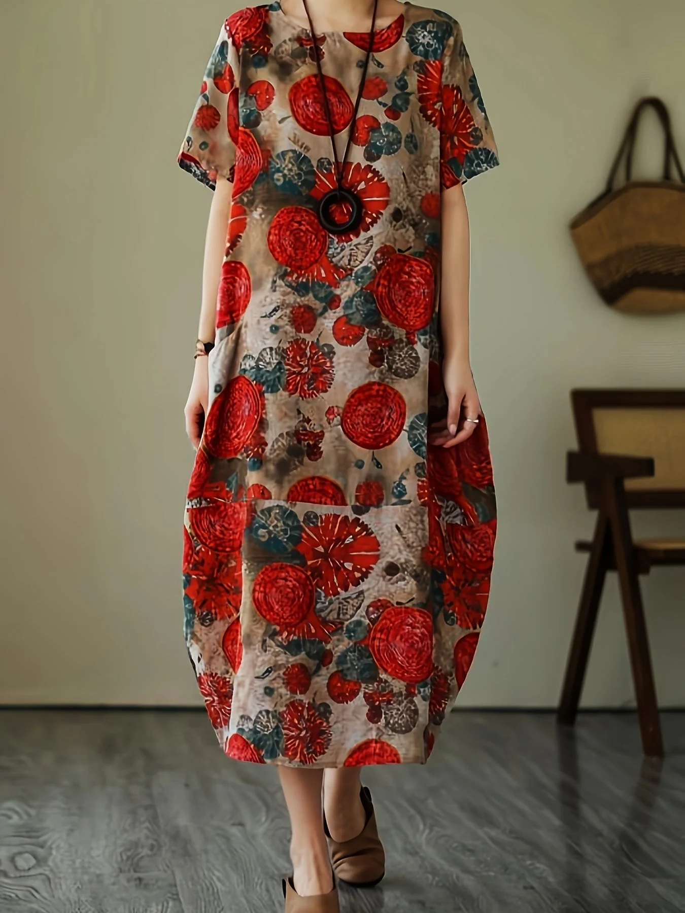 Damen Freizeitkleid mit geometrischem Print und lockerer Passform – Kurzarm, lässig, ideal für Alltag und Büro - Image 8