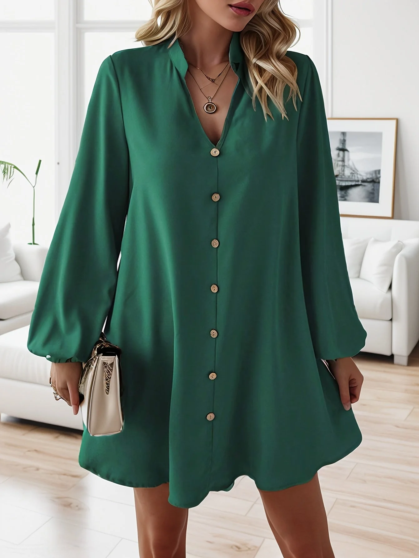 Damen Freizeitkleid mit Knopfleiste, A-Linien Schnitt, V-Ausschnitt, eleganter Alltagsstil