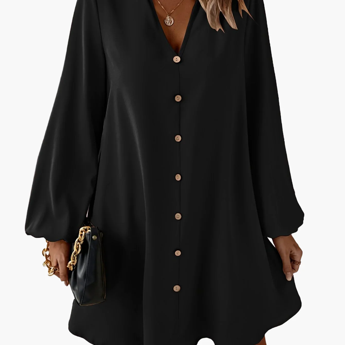 Damen Freizeitkleid mit Knopfleiste, A-Linien Schnitt, V-Ausschnitt, eleganter Alltagsstil - Image 10