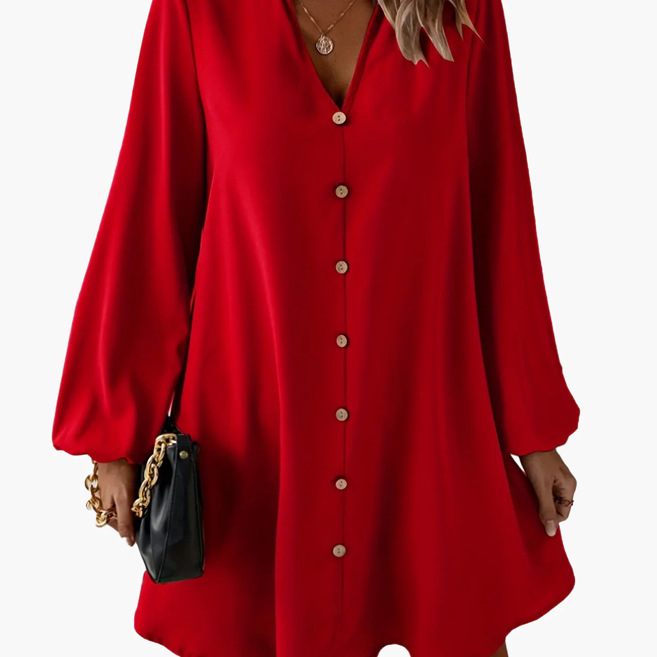 Damen Freizeitkleid mit Knopfleiste, A-Linien Schnitt, V-Ausschnitt, eleganter Alltagsstil - Image 11