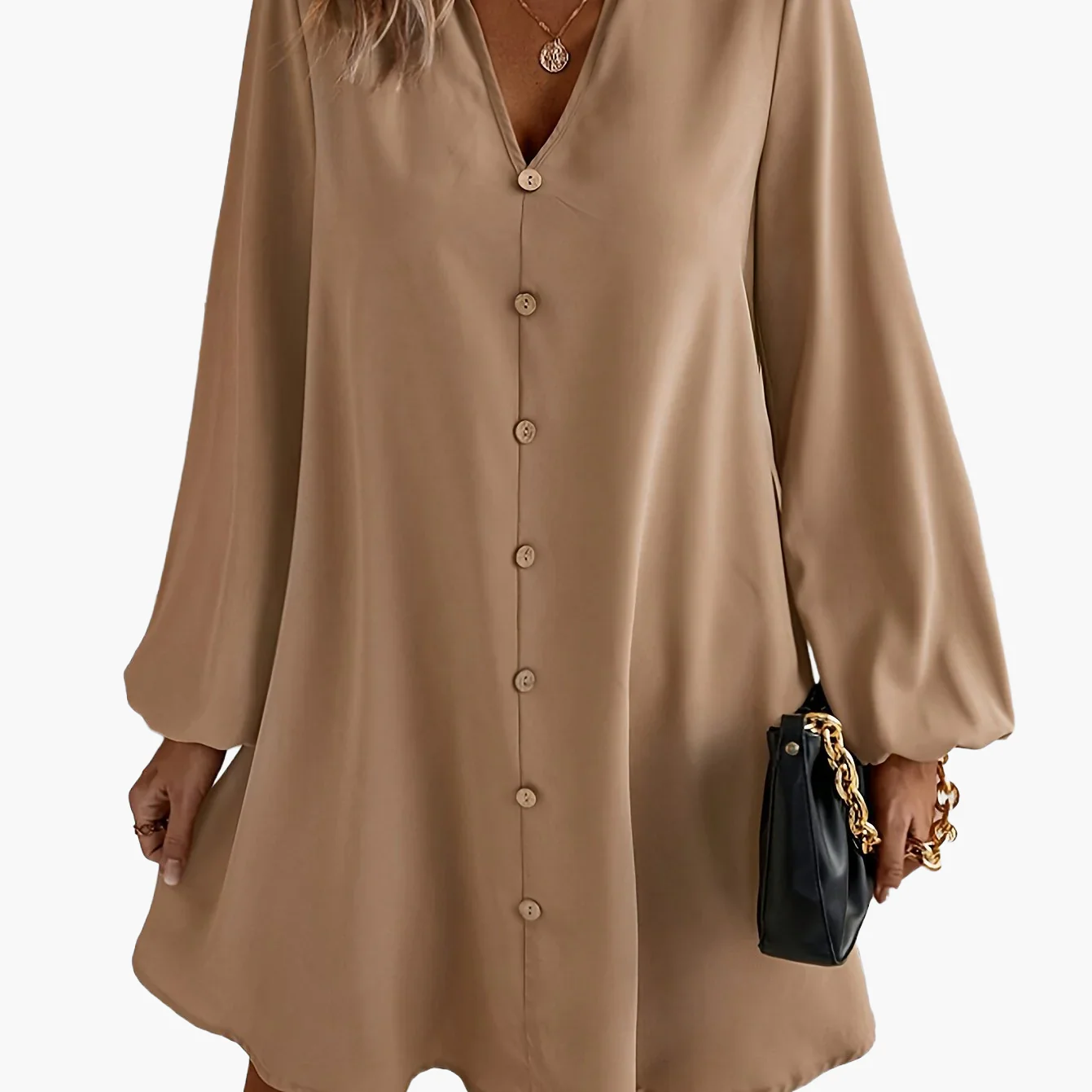 Damen Freizeitkleid mit Knopfleiste, A-Linien Schnitt, V-Ausschnitt, eleganter Alltagsstil - Image 12