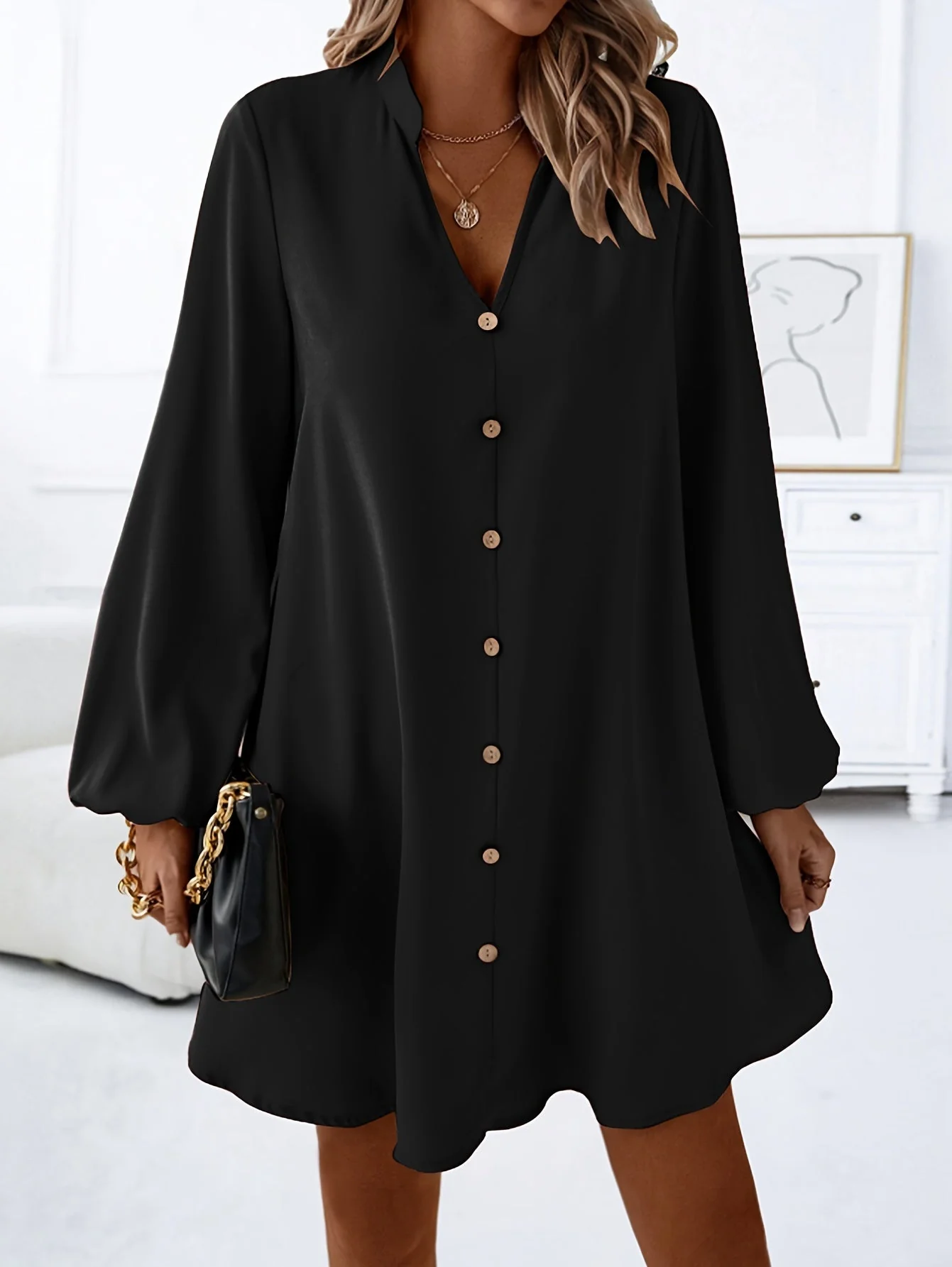 Damen Freizeitkleid mit Knopfleiste, A-Linien Schnitt, V-Ausschnitt, eleganter Alltagsstil - Image 2