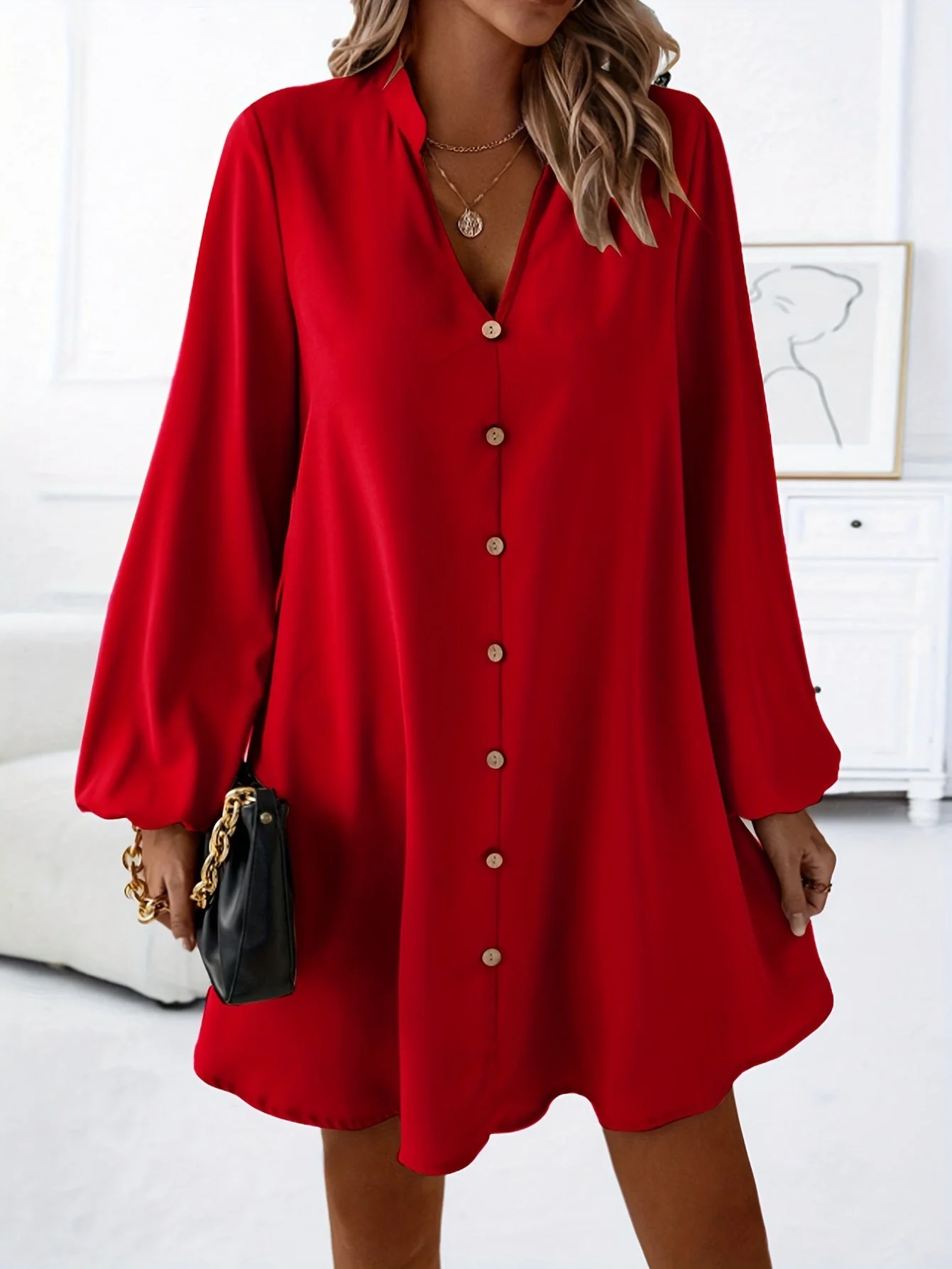 Damen Freizeitkleid mit Knopfleiste, A-Linien Schnitt, V-Ausschnitt, eleganter Alltagsstil - Image 3
