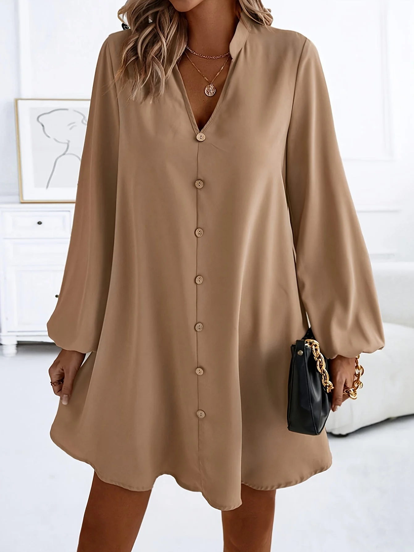 Damen Freizeitkleid mit Knopfleiste, A-Linien Schnitt, V-Ausschnitt, eleganter Alltagsstil - Image 4