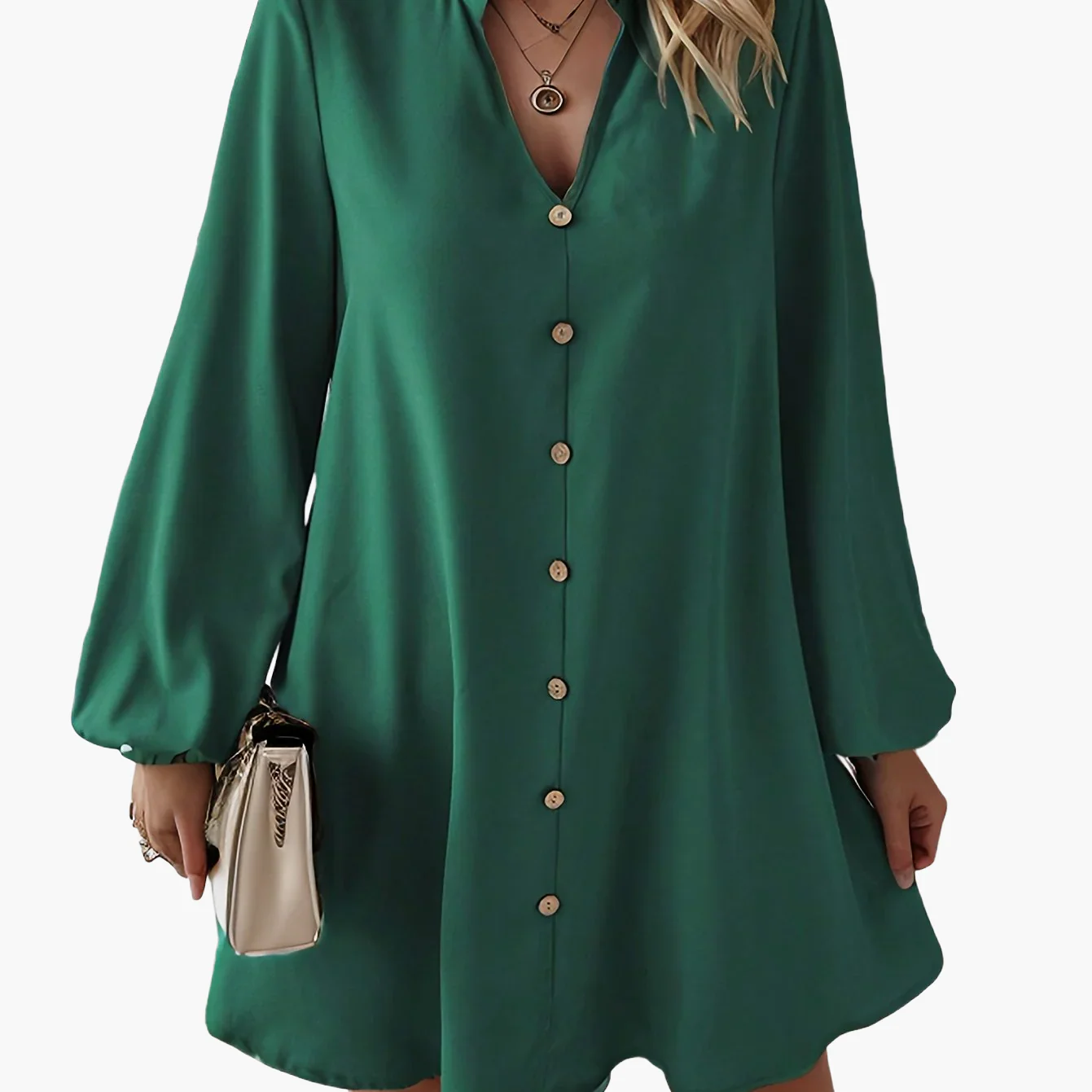 Damen Freizeitkleid mit Knopfleiste, A-Linien Schnitt, V-Ausschnitt, eleganter Alltagsstil - Image 9