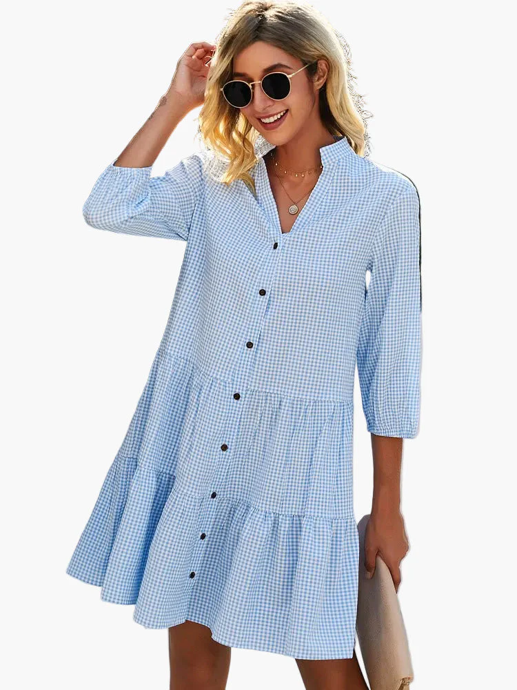 Damen Freizeitkleid mit Vichy-Karo und Knopfleiste – Sommerkleid im A-Linien-Stil für Alltag und Ausflüge