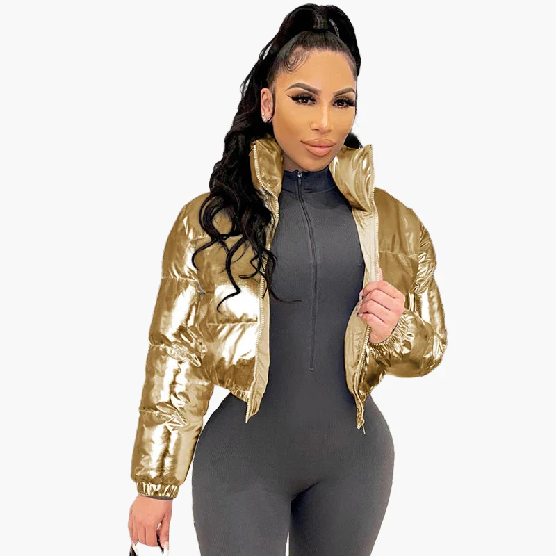 Damen Glänzende Kurze Steppjacke – Modische Trendjacke für Alltag und Ausgehen