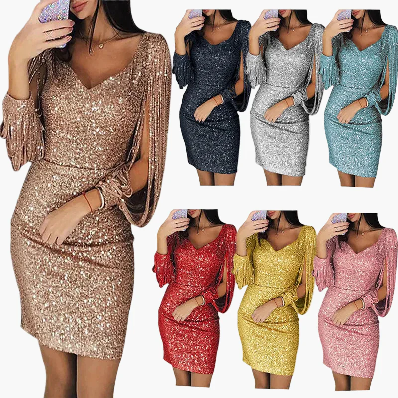 Damen Glitzer Cocktailkleid Partykleid mit Fransenärmeln – Elegantes, figurbetontes Minikleid für festliche Anlässe