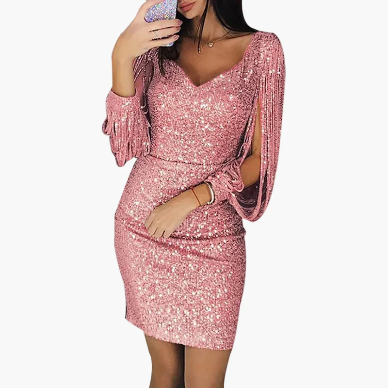 Damen Glitzer Cocktailkleid Partykleid mit Fransenärmeln – Elegantes, figurbetontes Minikleid für festliche Anlässe - Image 2