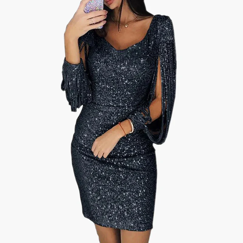 Damen Glitzer Cocktailkleid Partykleid mit Fransenärmeln – Elegantes, figurbetontes Minikleid für festliche Anlässe - Image 4