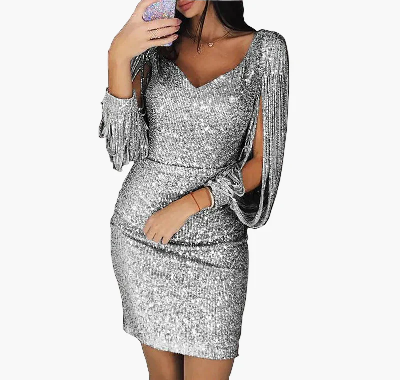 Damen Glitzer Cocktailkleid Partykleid mit Fransenärmeln – Elegantes, figurbetontes Minikleid für festliche Anlässe - Image 6
