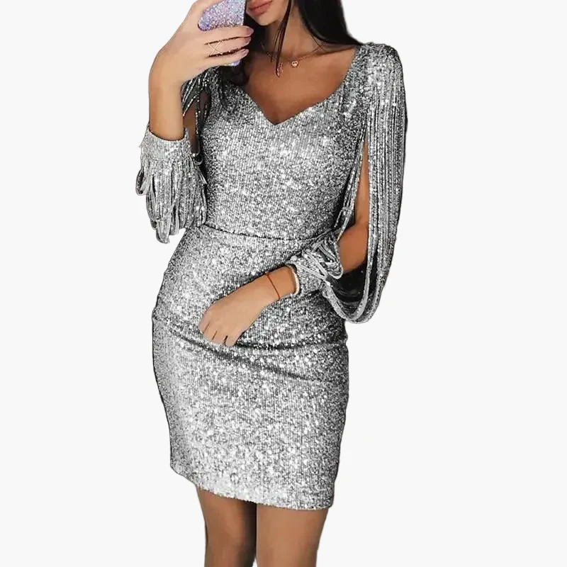 Damen Glitzer Pailletten Abendkleid mit Dramatischen Drapierärmeln – Elegantes Party- & Cocktailkleid