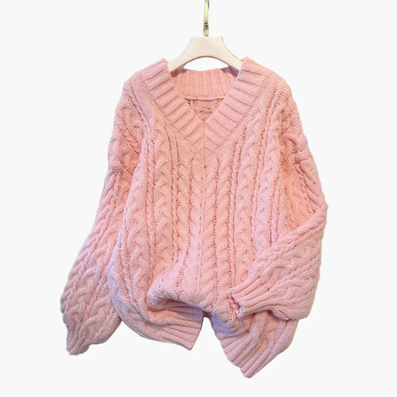 Damen Grobstrick Pullover mit Zopfmuster und V-Ausschnitt – Gemütlicher Freizeit-Stil