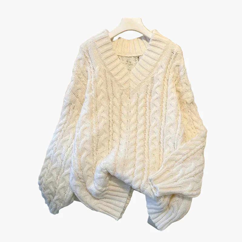 Damen Grobstrick Pullover mit Zopfmuster und V-Ausschnitt – Gemütlicher Freizeit-Stil - Image 2