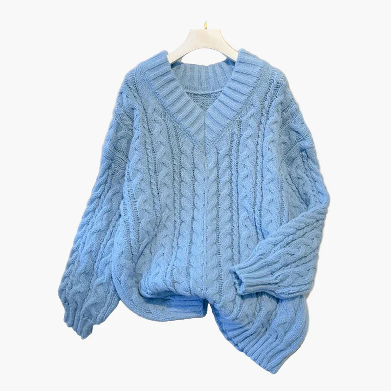 Damen Grobstrick Pullover mit Zopfmuster und V-Ausschnitt – Gemütlicher Freizeit-Stil - Image 3