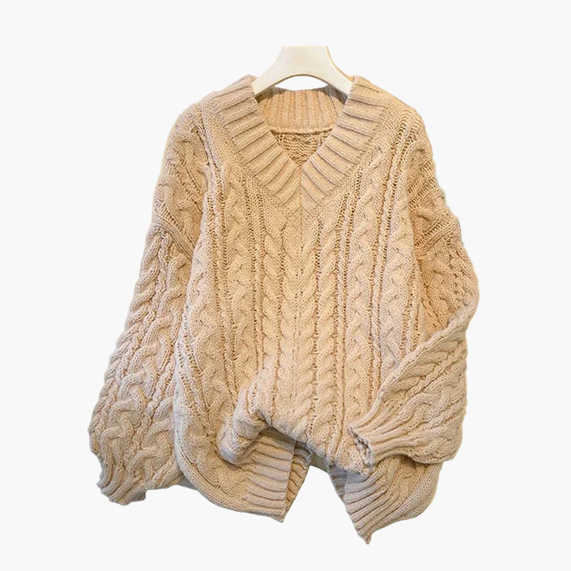 Damen Grobstrick Pullover mit Zopfmuster und V-Ausschnitt – Gemütlicher Freizeit-Stil - Image 4