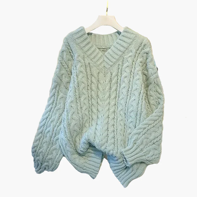 Damen Grobstrick Pullover mit Zopfstrickmuster und V-Ausschnitt – Lässiger Winterpullover für Alltag & Freizeit - Image 2