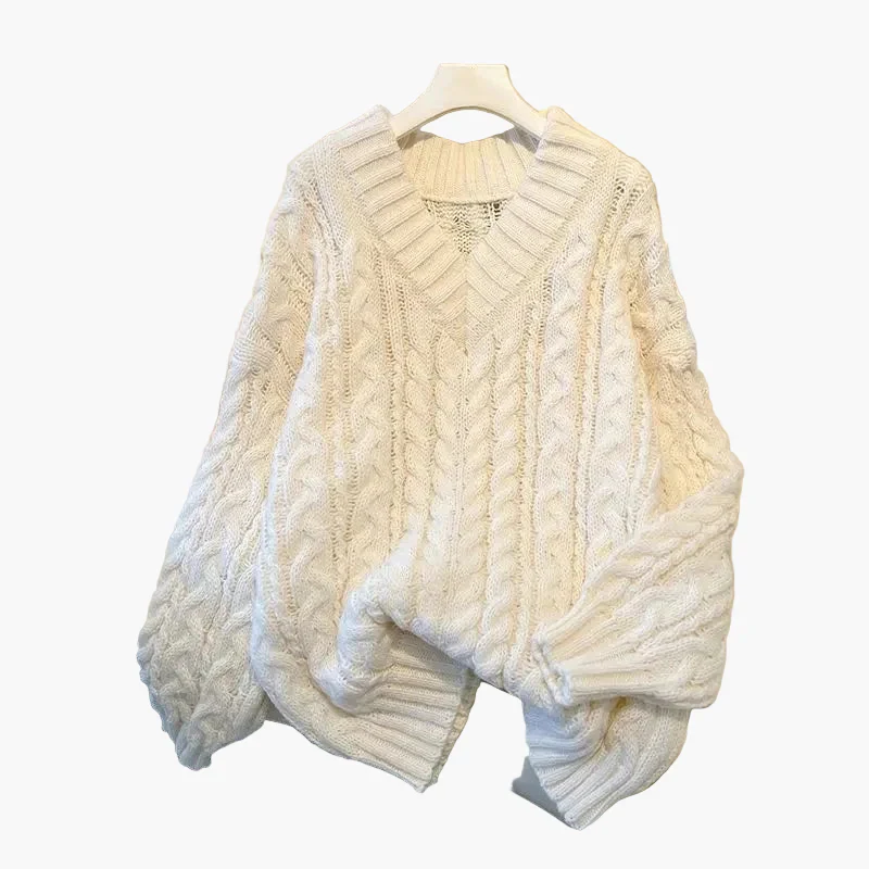 Damen Grobstrick Pullover mit Zopfstrickmuster und V-Ausschnitt – Lässiger Winterpullover für Alltag & Freizeit - Image 3