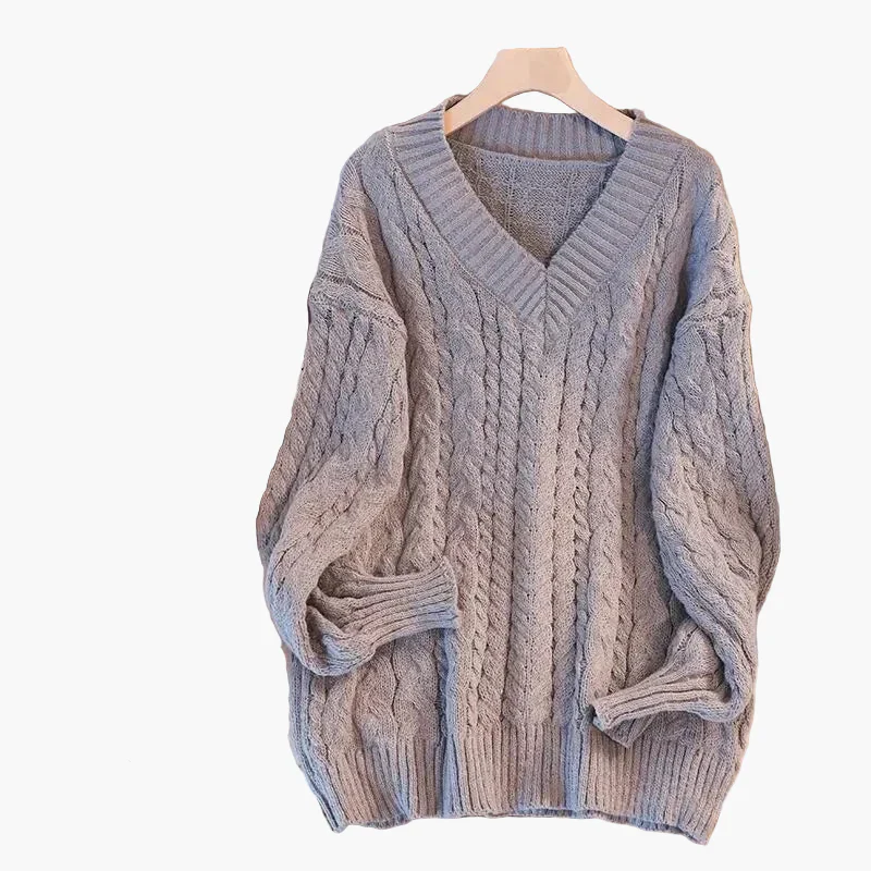 Damen Grobstrick Pullover mit Zopfstrickmuster und V-Ausschnitt – Lässiger Winterpullover für Alltag & Freizeit - Image 6