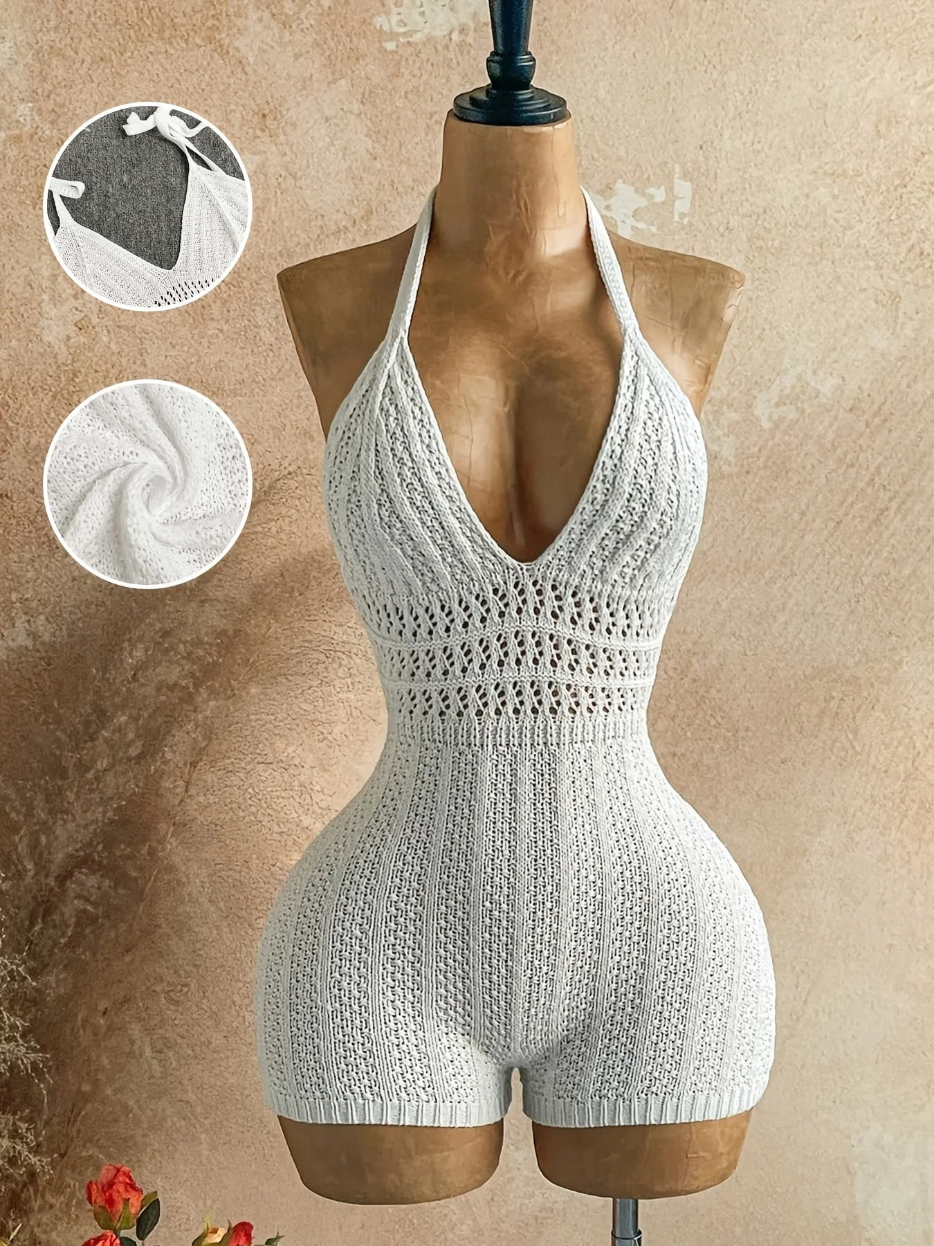 Damen Häkel-Strand-Overall mit V-Ausschnitt und Halter-Träger – Boho Sommer Jumpsuit für Urlaub & Freizeit - Image 8