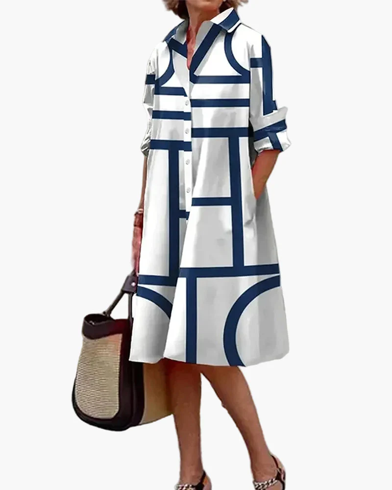 Damen Hemdblusenkleid Oversize mit geometrischem Muster – Stilvolles Freizeit- und Büro-Outfit