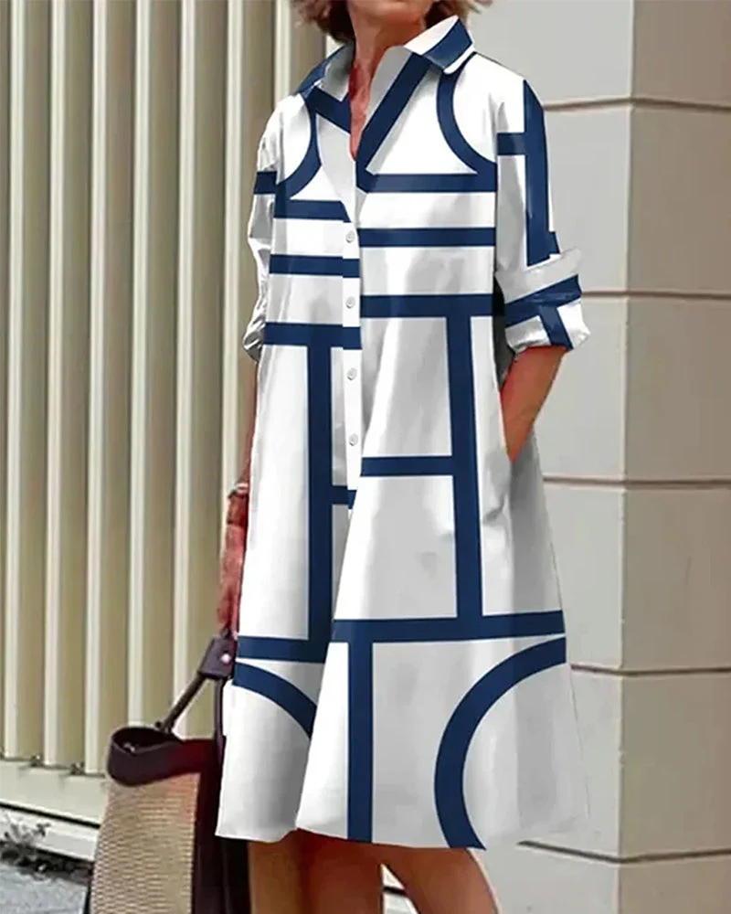 Damen Hemdblusenkleid Oversize mit geometrischem Muster – Stilvolles Freizeit- und Büro-Outfit - Image 4