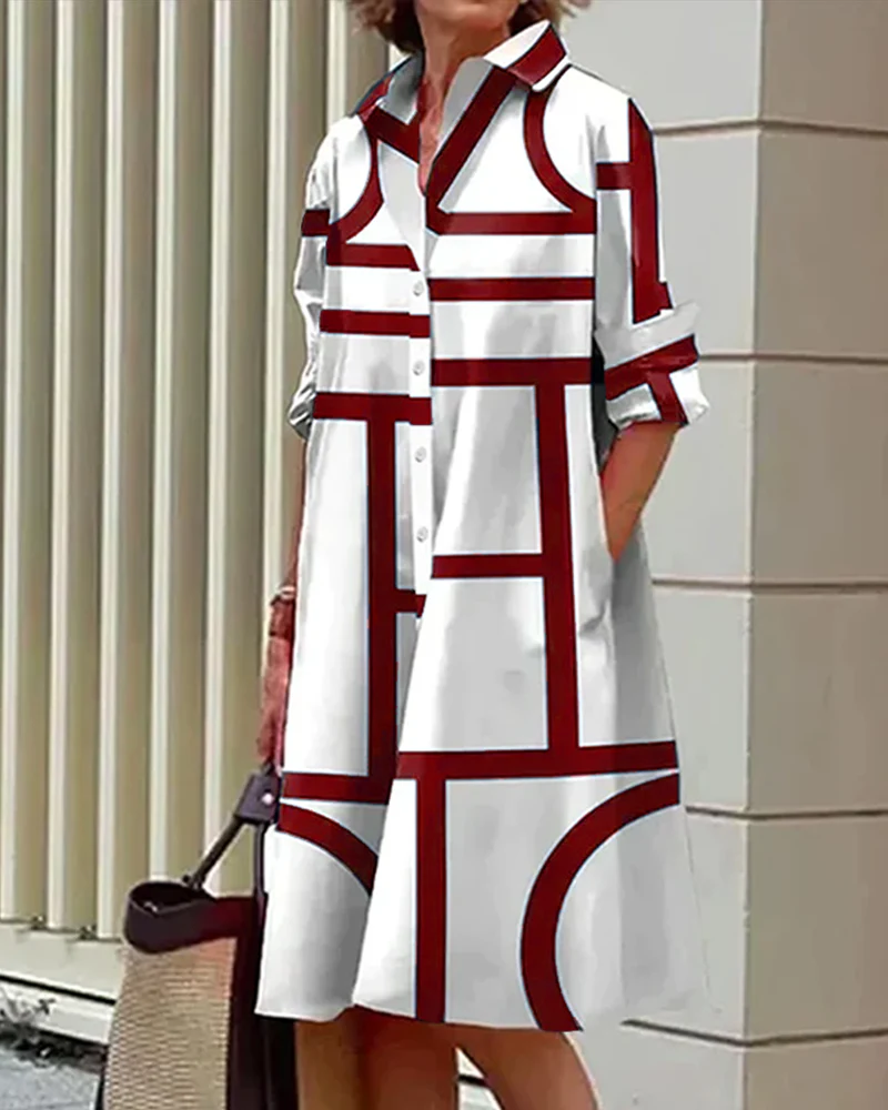 Damen Hemdblusenkleid Oversize mit geometrischem Muster – Stilvolles Freizeit- und Büro-Outfit - Image 7