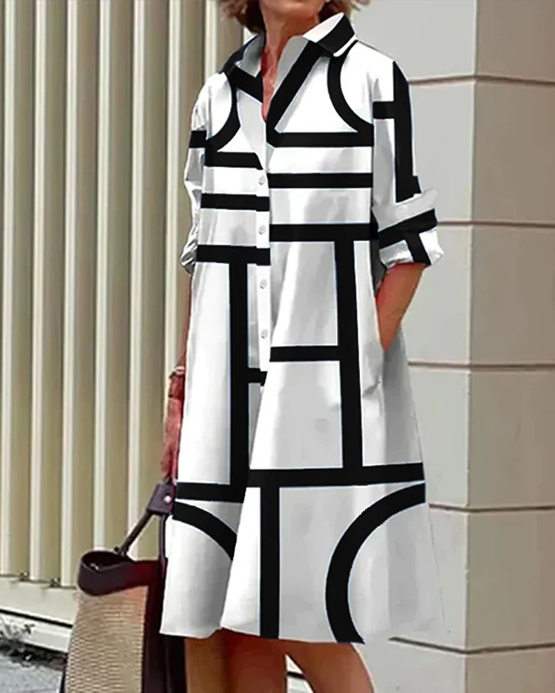 Damen Hemdblusenkleid Oversize mit geometrischem Muster – Stilvolles Freizeit- und Büro-Outfit - Image 8